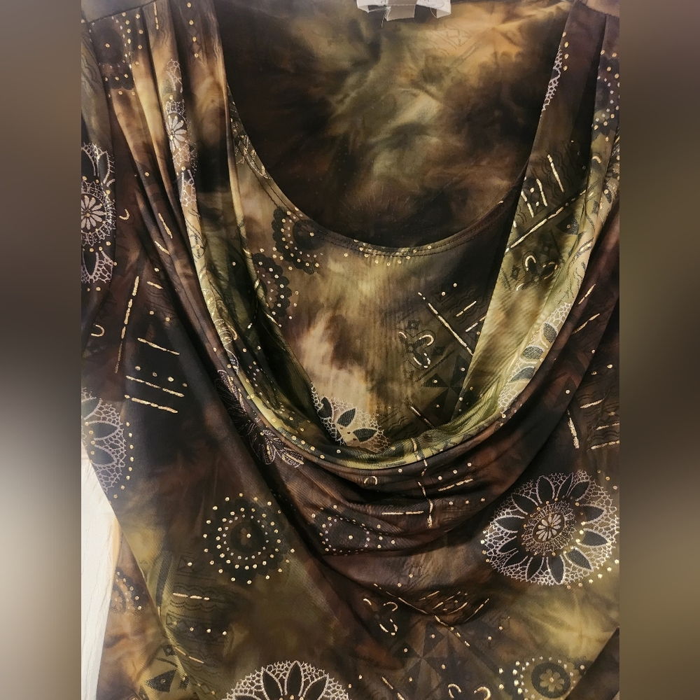 Dress Barn Short Sleeve Brown/Green Cowel Neck Gold Metallic Embellishmets PM - Picture 3 of 10